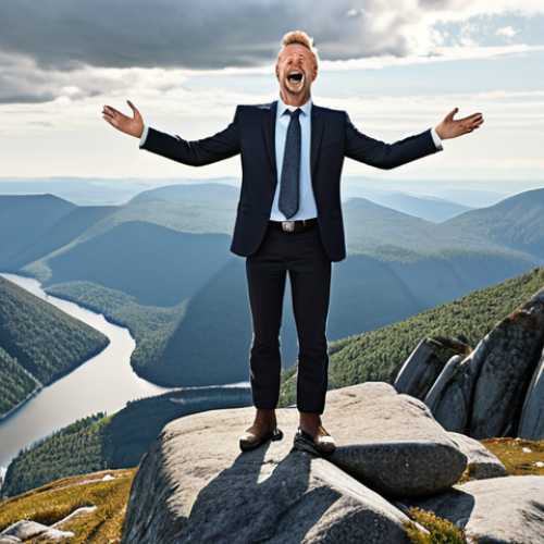 **

"A businessman stands atop a mountain, symbolizing the successful sale of his company. The scene is a blend of exhilaration and slight apprehension, reflecting the culmination of years of hard work. Use Swedish landscape for the mountain backdrop."

**