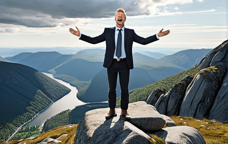 **

"A businessman stands atop a mountain, symbolizing the successful sale of his company. The scene is a blend of exhilaration and slight apprehension, reflecting the culmination of years of hard work. Use Swedish landscape for the mountain backdrop."

**