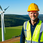 **

"A professional engineer, fully clothed in appropriate work attire (hard hat, safety vest, and work boots), inspecting a modern wind turbine in the Swedish countryside. Rolling green hills in the background under a clear blue sky. Perfect anatomy, correct proportions, natural pose, safe for work, appropriate content, family-friendly, professional photography, high quality."

**
