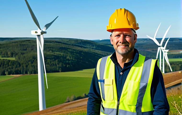**
"A professional engineer, fully clothed in appropriate work attire (hard hat, safety vest, and work boots), inspecting a modern wind turbine in the Swedish countryside. Rolling green hills in the background under a clear blue sky. Perfect anatomy, correct proportions, natural pose, safe for work, appropriate content, family-friendly, professional photography, high quality."
**