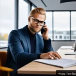 Home 16 출구 전략에서의 고객 경험 개선 방법 - A professional customer service representative in a modern Scandinavian office setting, speaking emp...