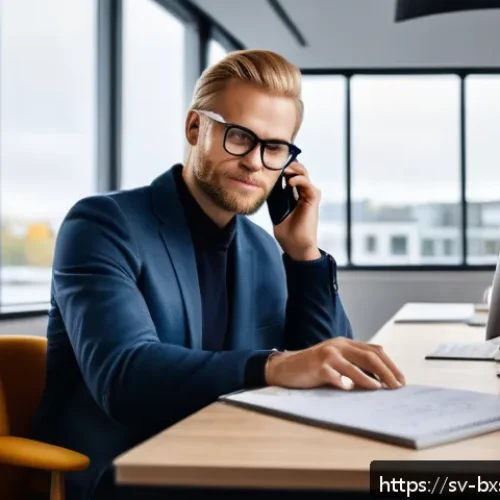 Home 28 출구 전략에서의 고객 경험 개선 방법 - A professional customer service representative in a modern Scandinavian office setting, speaking emp...