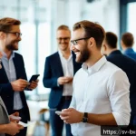 Home 21 비즈니스 출구 전략을 위한 네트워킹 방법 - A professional Scandinavian business networking event in a modern Stockholm conference room, with di...