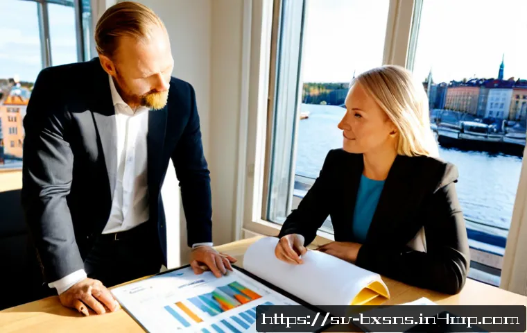 비즈니스 출구 전략 설계의 사례 연구 - Photorealistic Swedish business exit strategy case study, a confident middle-aged entrepreneur and t...