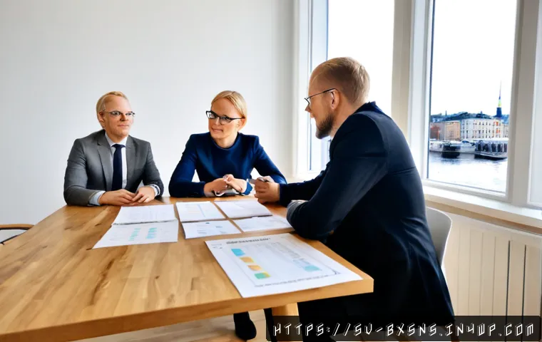 Home 30 출구 전략 설계와 기업 혁신의 관계 - Photorealistic Swedish business strategy meeting in a bright Stockholm waterfront office, diverse se...